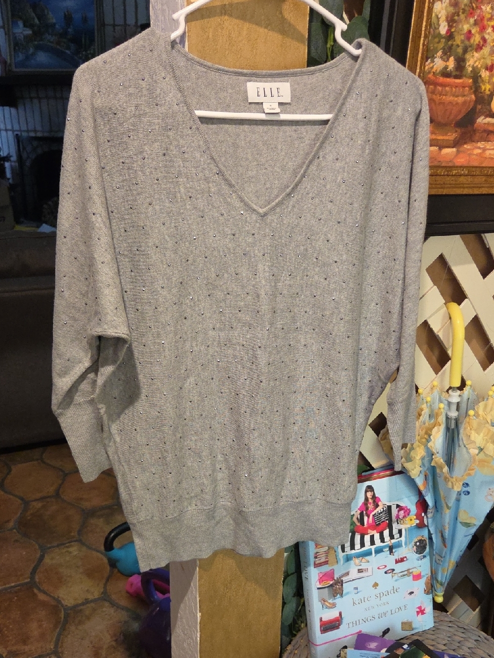 Elle Light Gray V-Neck Sweater with Subtle Rhinestone Detail